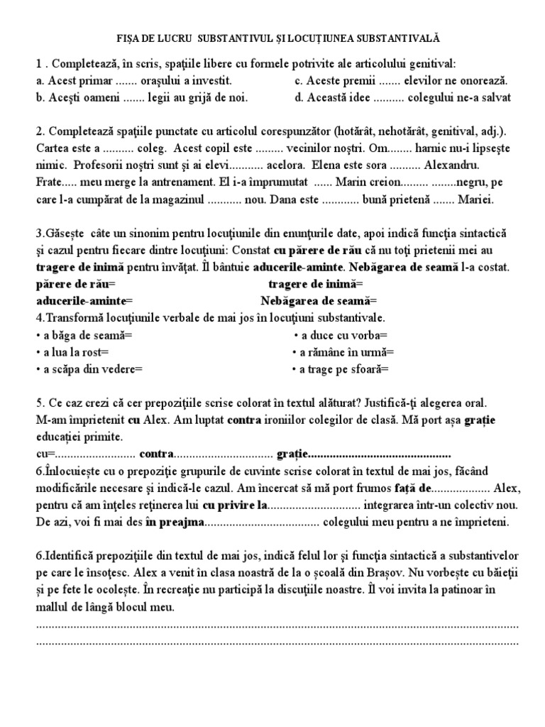 Fisa de Lucru Substantivul Si Locutiunea Substantivala | PDF