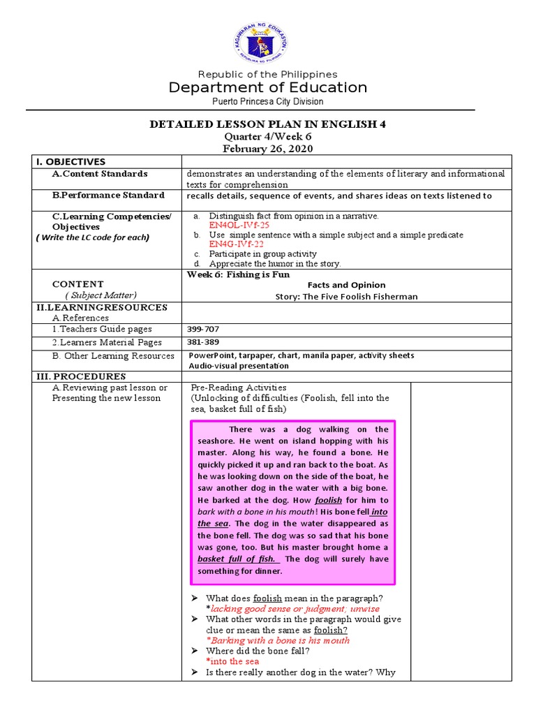 ENGLISH Q4 COT 4 Week 6 PDF Sentence (Linguistics) Water