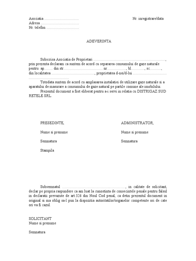 Adeverinta Asociatie Locatari Gaze Pdf