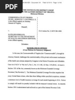 Virginia Obamacare Memorandum Opinion