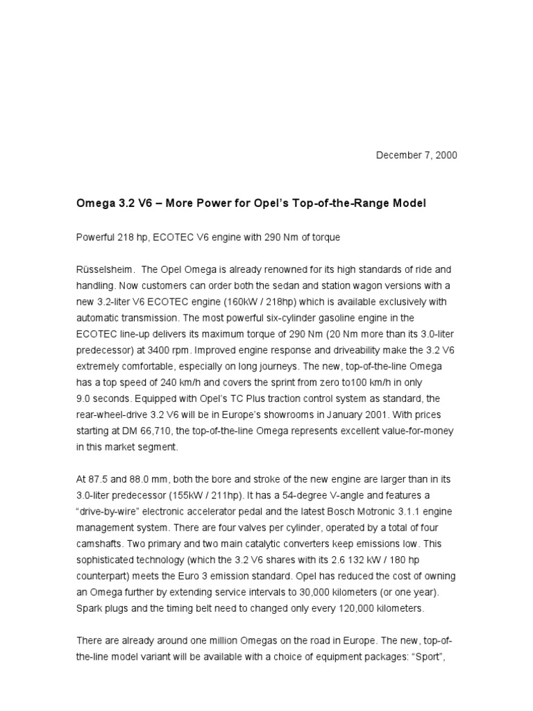 Opel Omega 3.2 V6 Engine Overview | PDF | V6 Engine | Airbag