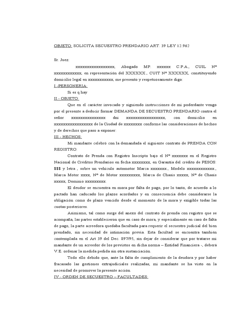 Modelo Demanda Prendaria | PDF | Pagos | Instituciones sociales