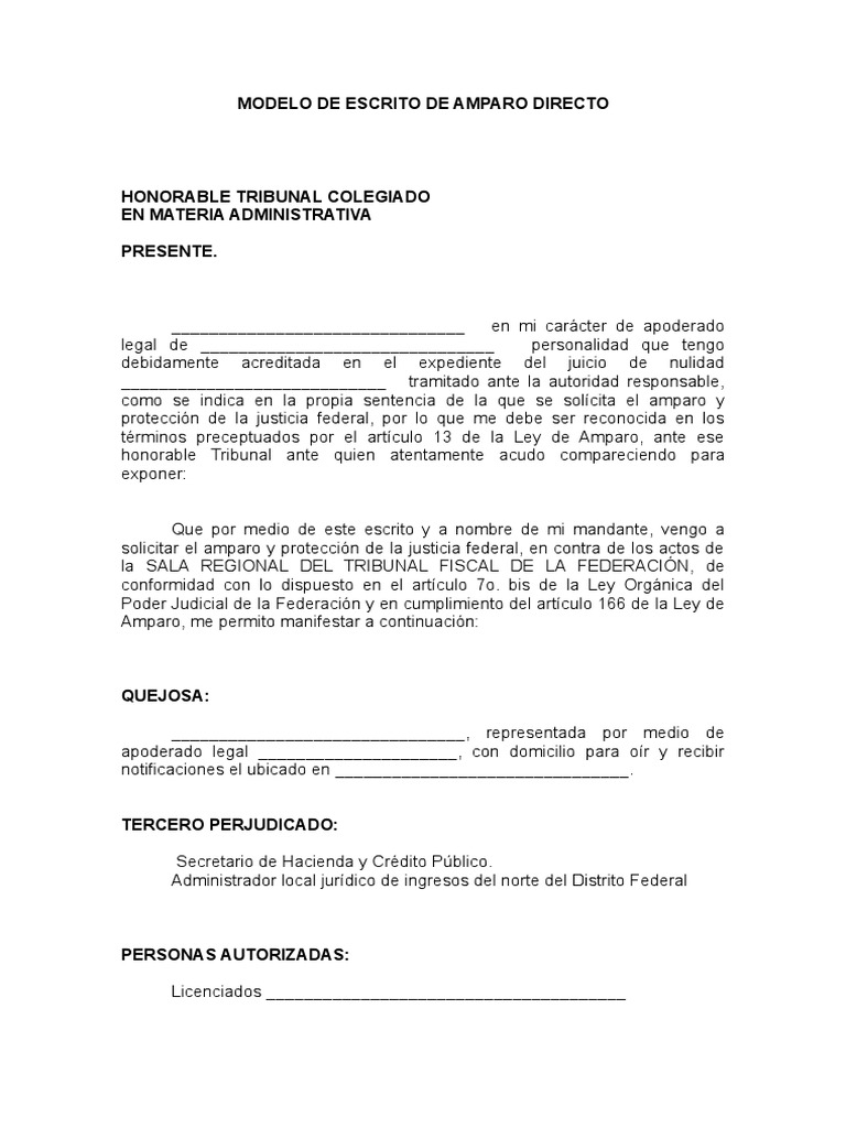 Modelo de Escrito de Amparo Directo | PDF | Sentencia (ley) | Demanda  judicial