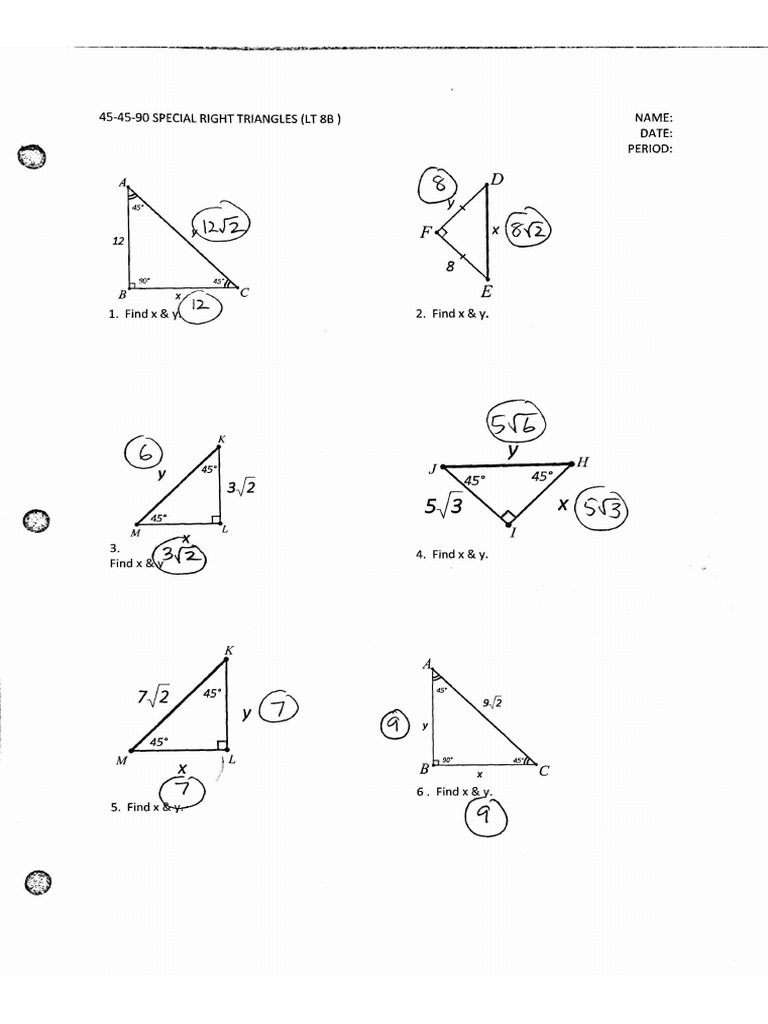 Answers 454590 Special Right Triangle Worksheet PDF PDF