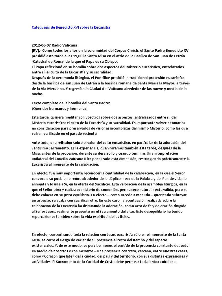 Catequesis de Benedicto XVI Sobre La Eucaristía | PDF | eucaristía ...