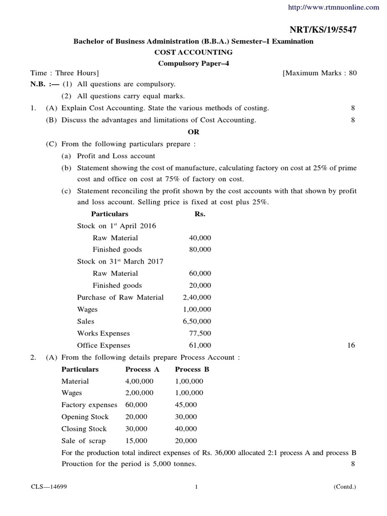 BBA Cost Accounting Exam Paper | PDF | Oil Refinery | Cost Accounting