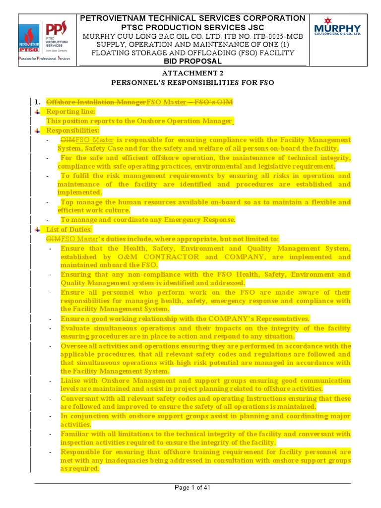 FSO Personnel Responsibilities Overview | PDF | Oil Tanker | Offshore ...