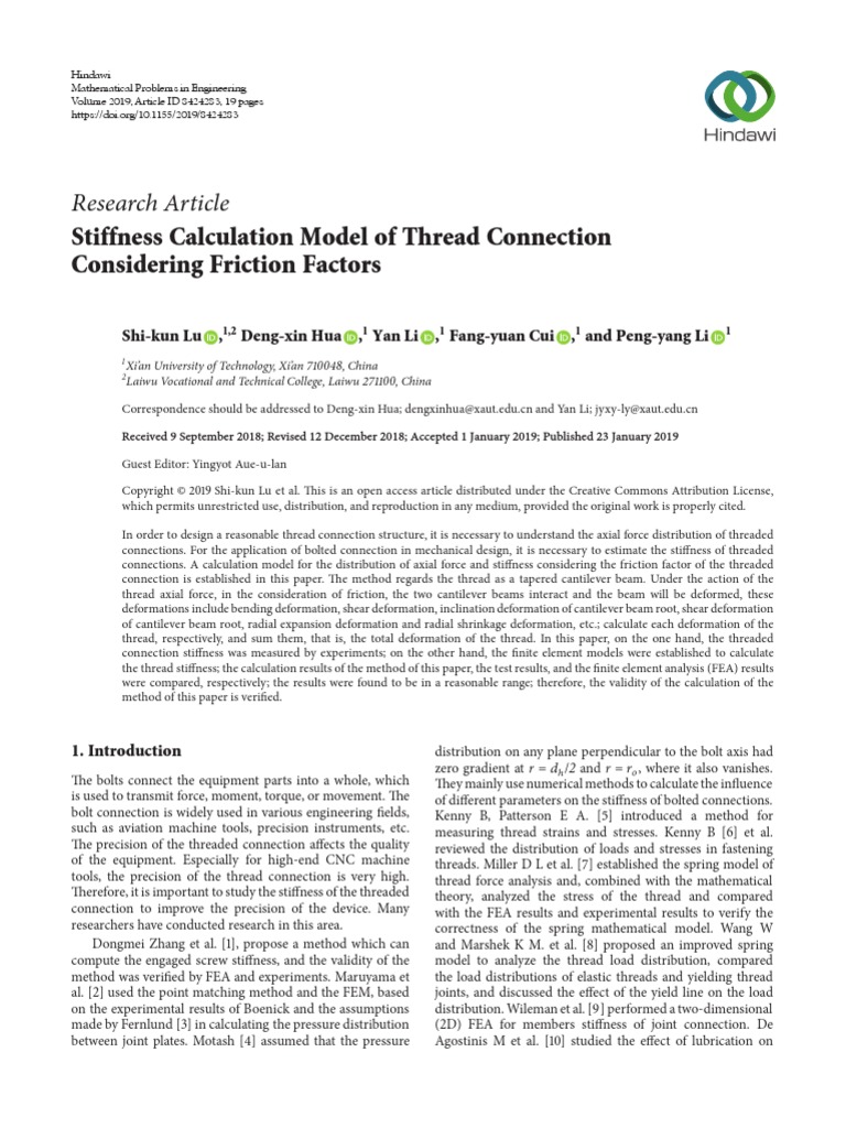 Stiffness Calculation Model of Thread Connection | PDF | Bending ...