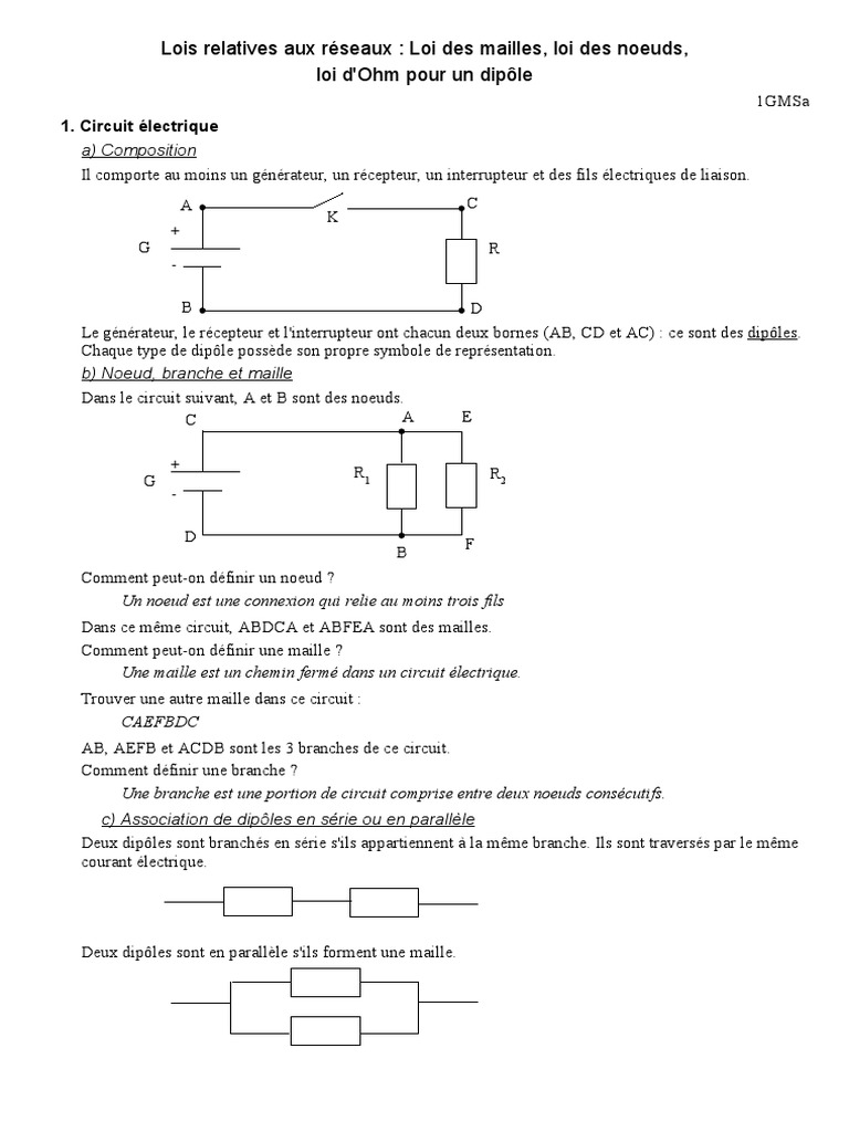 Comment S appelle La Représentation D un Dipôle Dans Un Schéma électrique Cours - Lois de L Electricite | PDF | Courant électrique | Tension  électrique