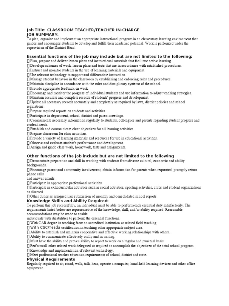 Duties and Responsibilities PDF Lesson Plan Teachers
