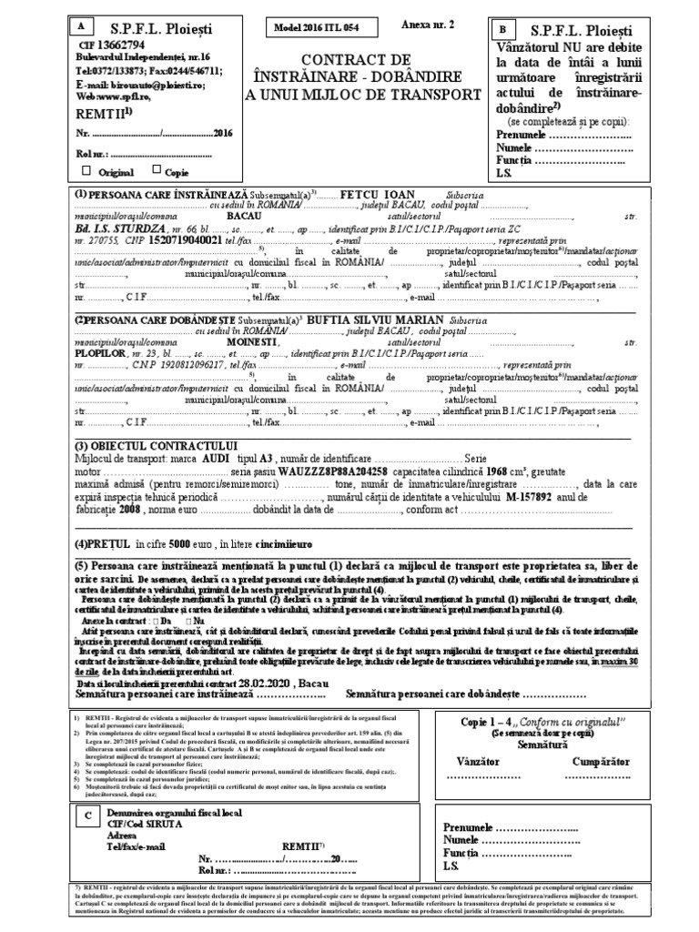 Contract Instrainare-Dobandire Auto | PDF
