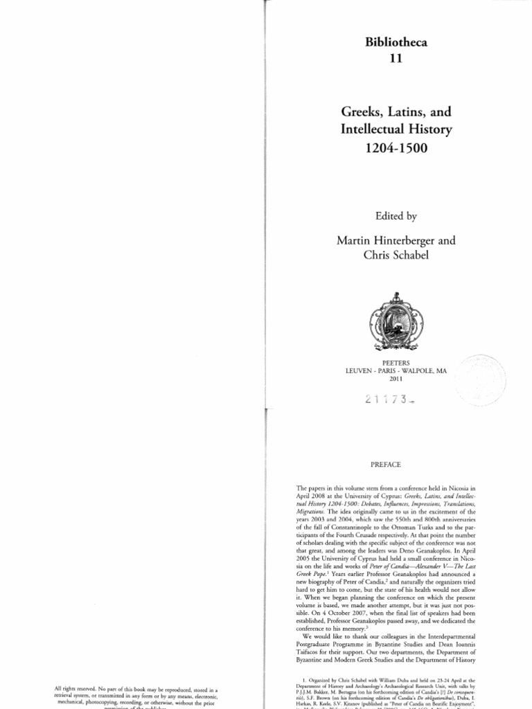 Hinterberger M Schabel Ch Greeks Latins And Intellectual History 14 1500 Pdf Byzantine Empire Eastern Orthodox Church