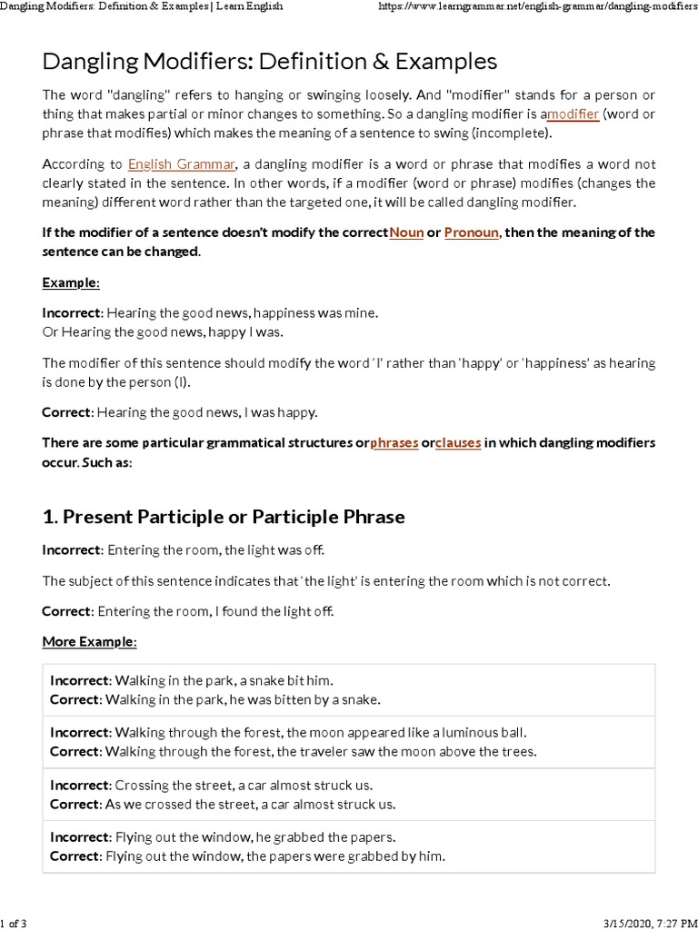Grammar Tips: Fix Dangling Modifiers | PDF | Sentence (Linguistics) | Syntax