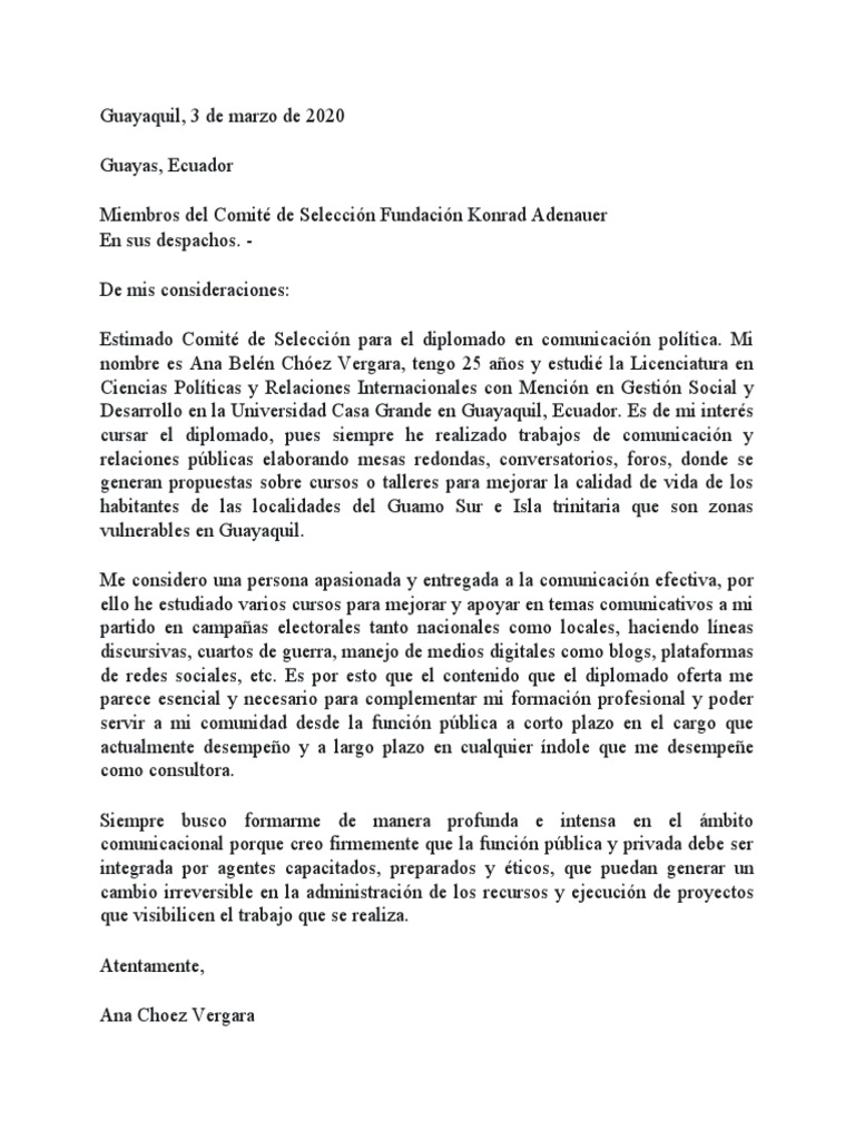 Ejemplo de Carta para Postulación de Diplomado PDF