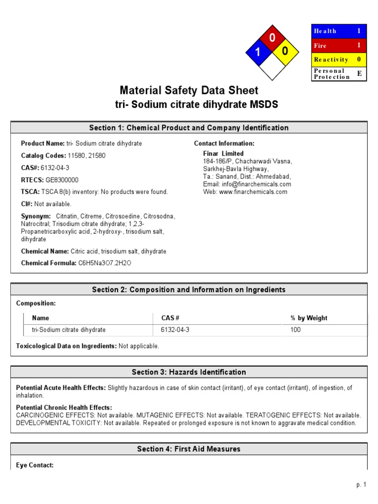 TriSodium Citrate Dihydrate Msds PDF Fires Toxicity