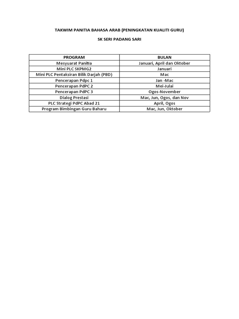 Takwim Panitia Bahasa Arab Pdf