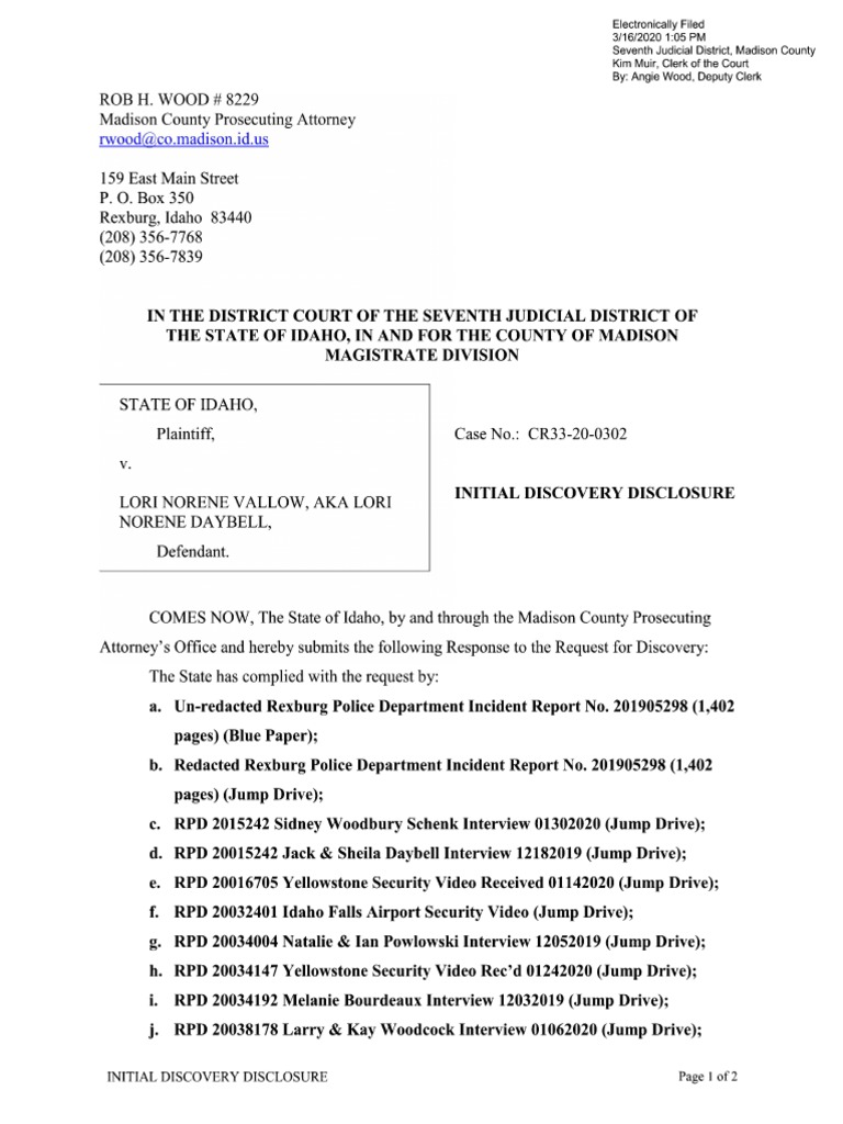 Initial discovery disclosure lori vallow pdf discovery law