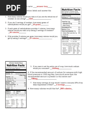 Label Reading Worksheet 2014 To Post Answers Calorie Nutrition Facts Label