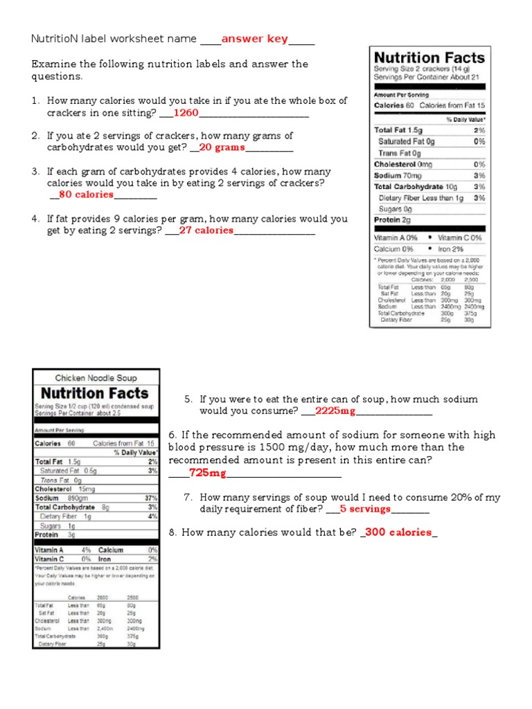 Label Reading Worksheet 11 TO POST ANSWERS  Calorie  Nutrition With Regard To Nutrition Label Worksheet Answers
