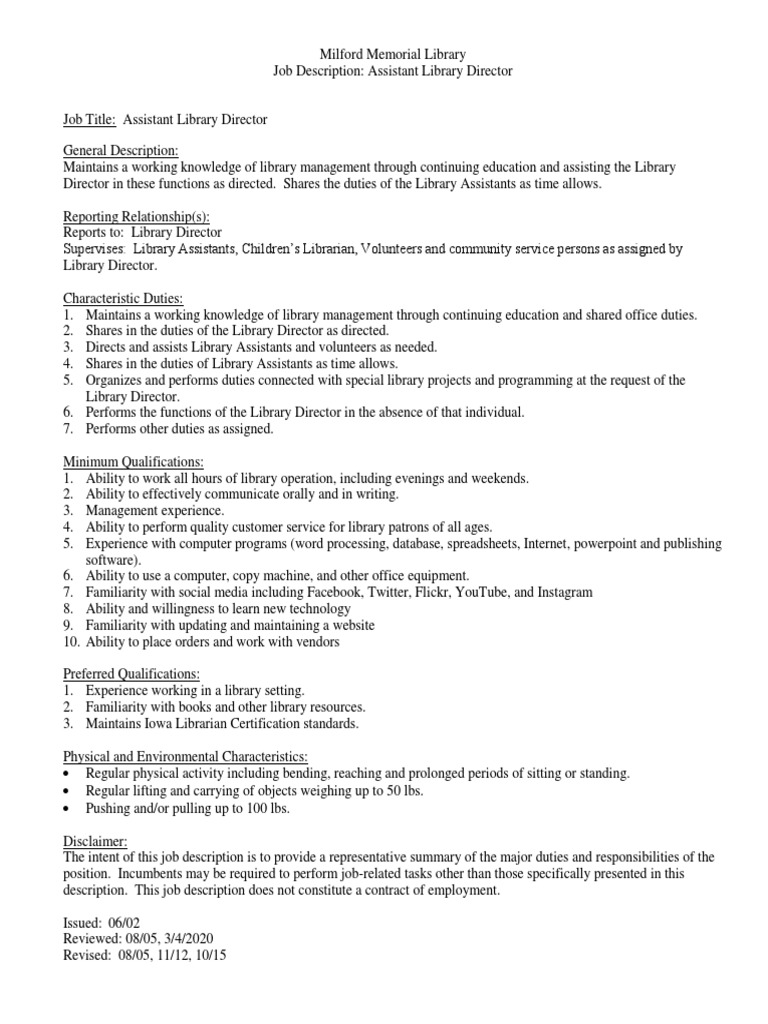 Assistant Library Director Job Description | PDF | Libraries ...