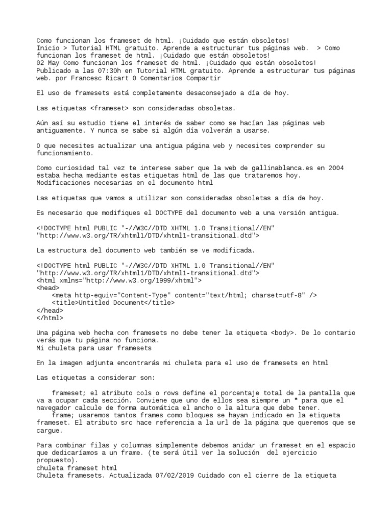 Como Funcionan Los Frameset HTML PDF HTML Página web
