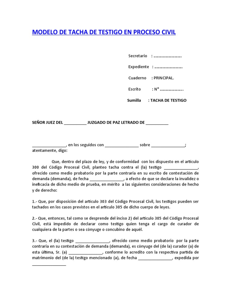 Total 41+ imagen modelo de tacha de testigos en proceso civil