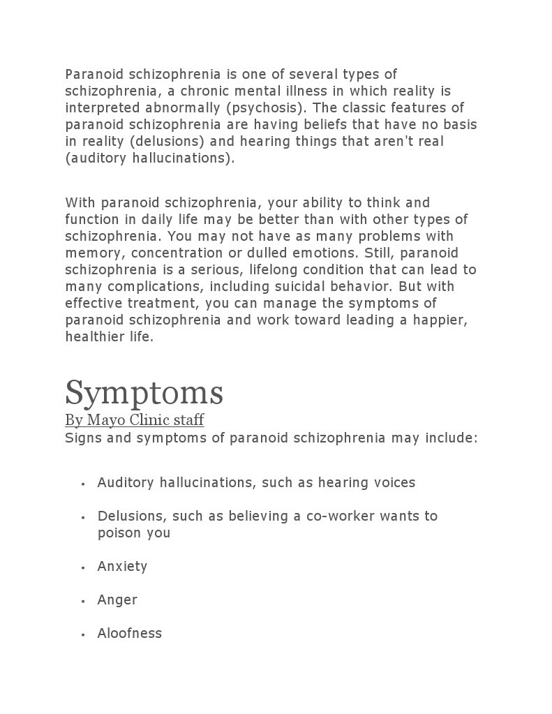 Paranoid Schizophrenia Mayo Clinic PDF Schizophrenia Antipsychotic