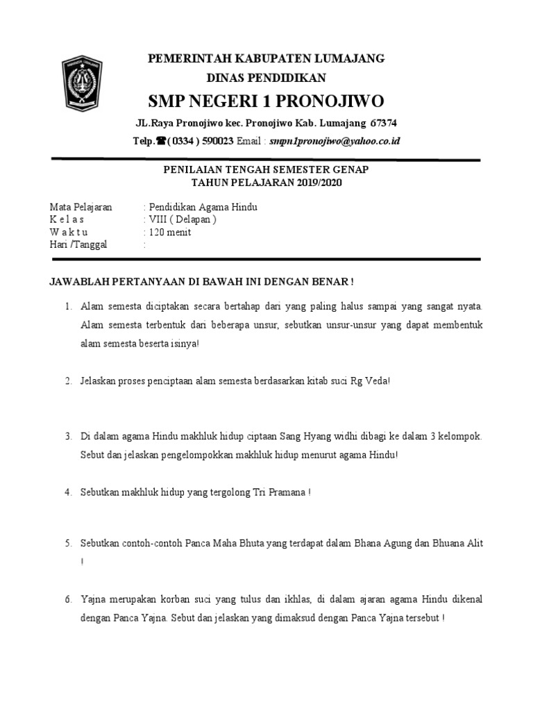 Soal Pts Agama Hindu Smp Kelas Viii Docx