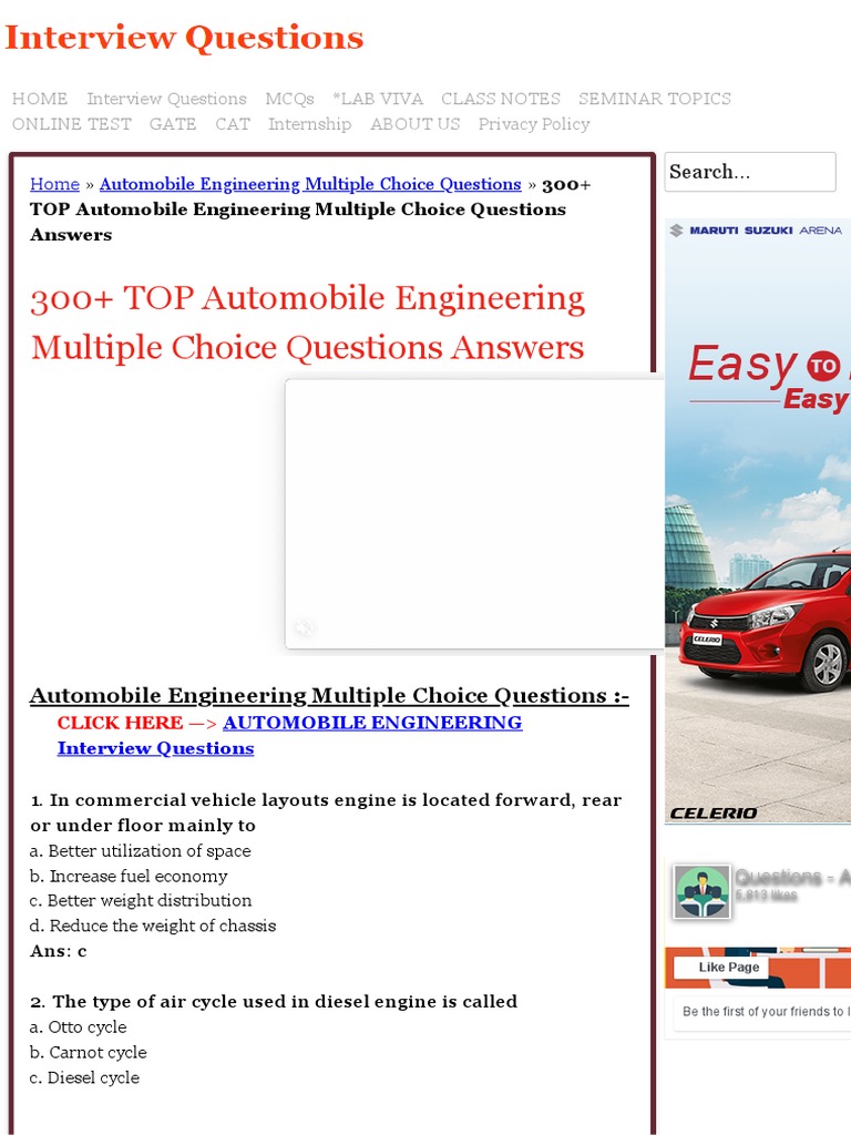 300+ TOP Automobile Engineering Multiple Choice Questions Answers PDF