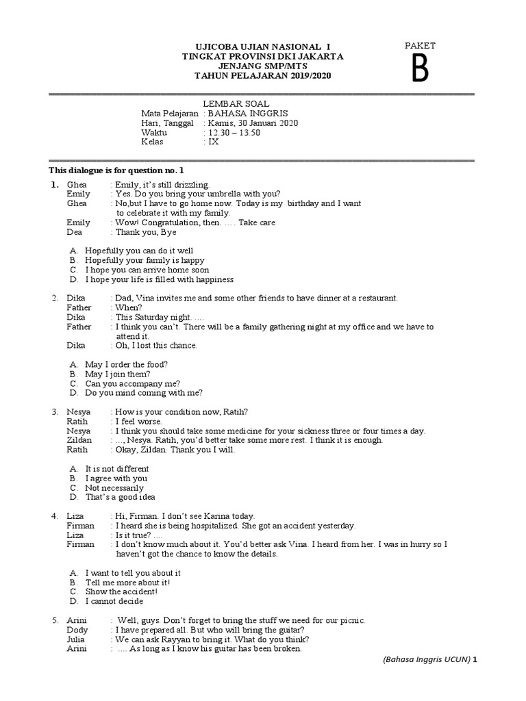 Soal Uji Coba I Bhs Inggris Paket B Guitars Nature