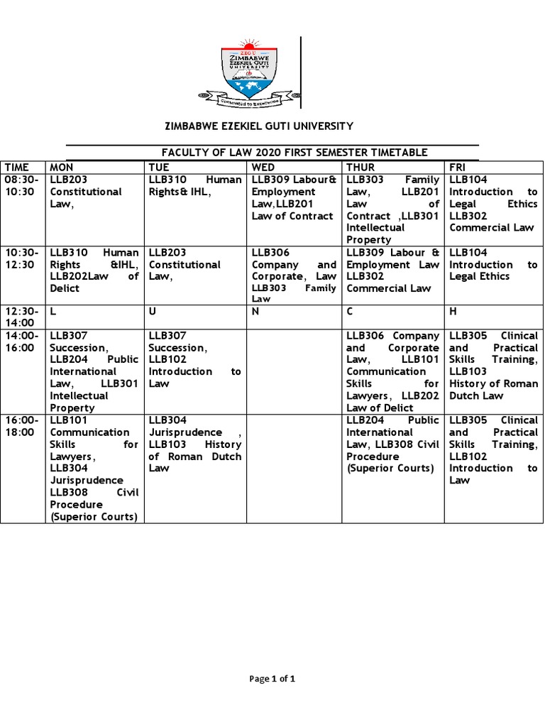 Edited Version LAW SCHOOL TIMETABLE 2020 PDF Lawyer Morality