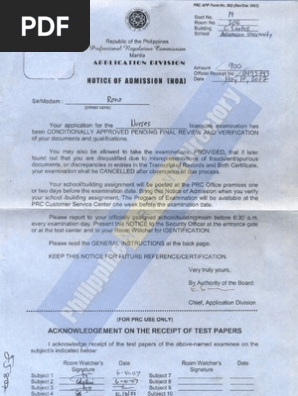 PRC Notice of Admission (NOA) Form
