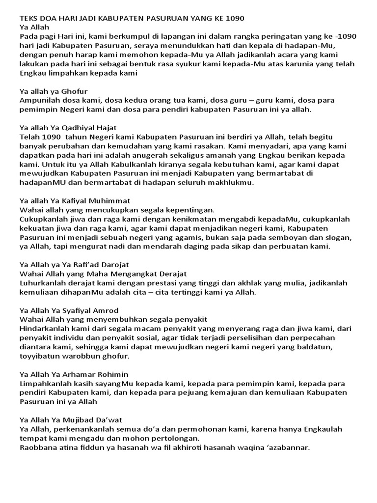 Teks Doa Hari Jadi Kabupaten Pasuruan Yang Ke 1090 Pdf