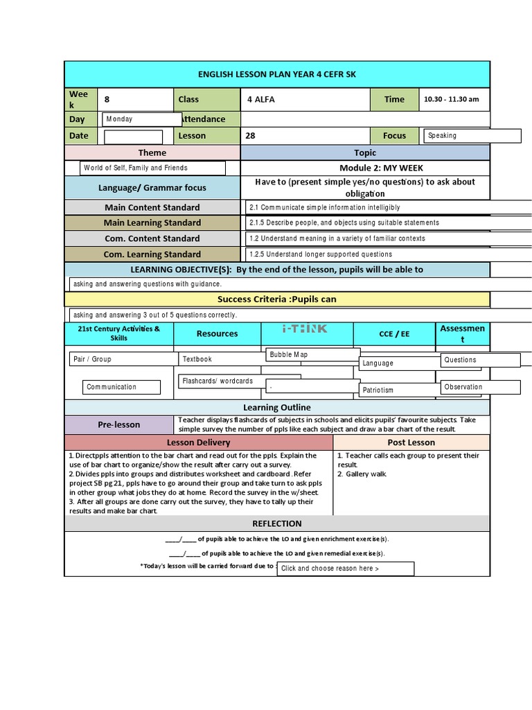 Year 4 CEFR English Lesson Plans | PDF | Lesson Plan | Question