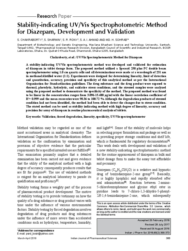 Stability Indicating Uvvis Spectrophotometric Method For Diazepam