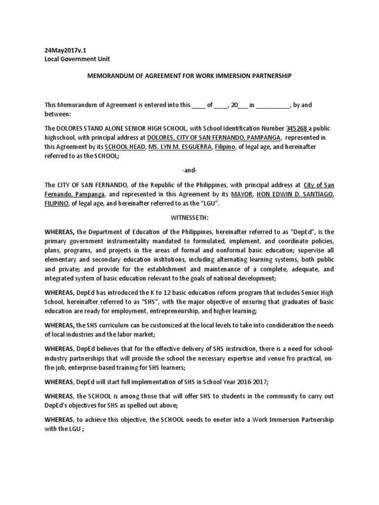 Memorandum of Agreement For Work Immersion Partnership | PDF ...