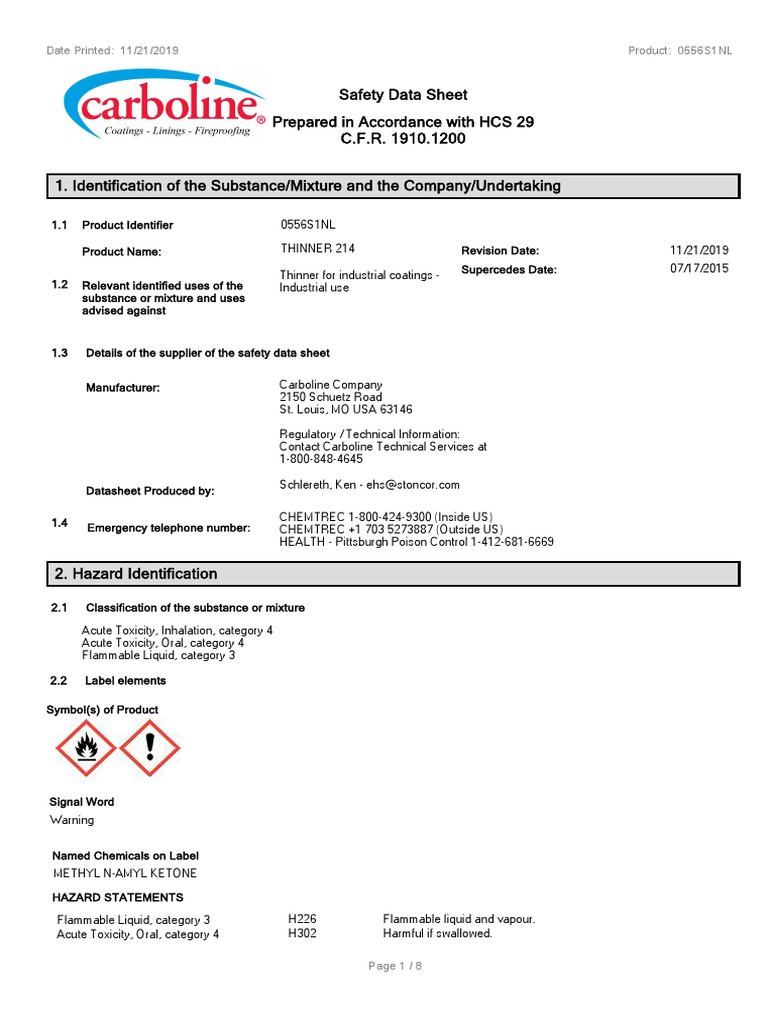 Safety Data Sheet for Thinner 214 | PDF | Toxicity | Dangerous Goods