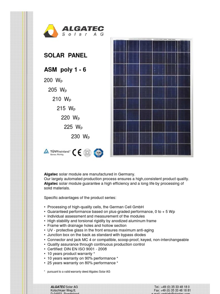 Algatec Solar Panel Specifications | PDF | Solar Panel | Electrical ...