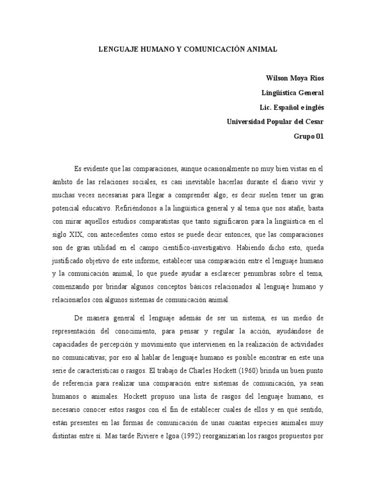 Lenguaje Humano Y Comunicación Animal Pdf Aves Homo Sapiens