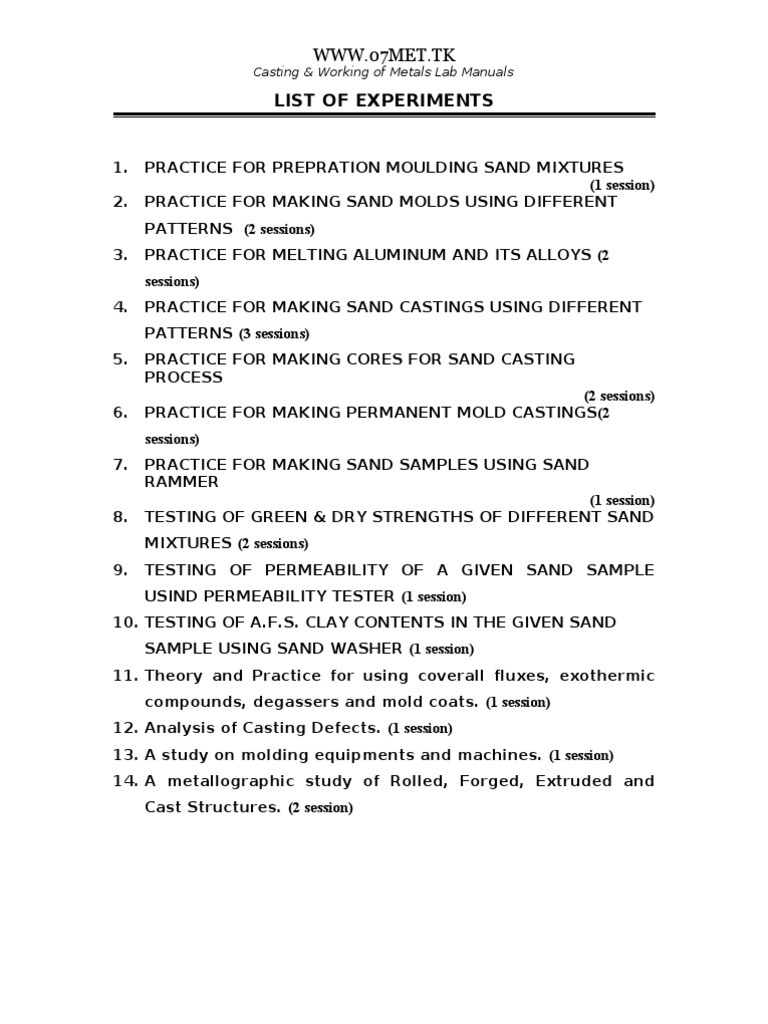 Foundry I- Complete Lab Manual @ WWW.07MET.tk | Casting (Metalworking) |  Building Materials