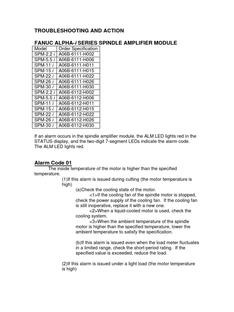 FANUC Spindle Amplifier Alarm Codes | PDF | Numerical Control ...
