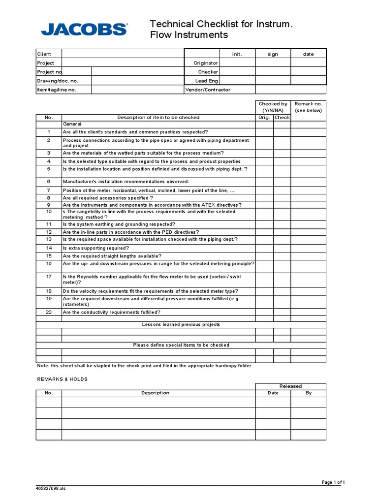 BE-WI-203-08-F05 Technical Checklist Instrumentation - Flow Instruments ...
