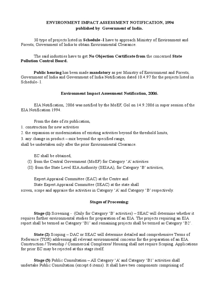 EIA Notification 1994 and 2006 Overview | PDF | Environmental Impact ...