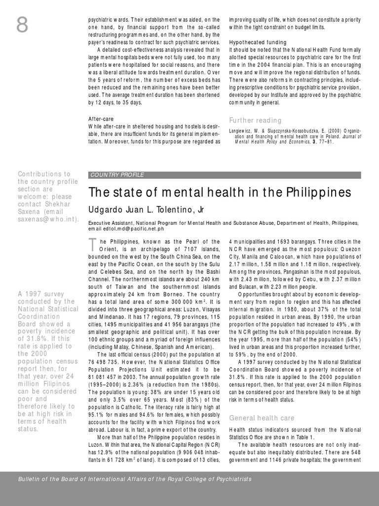 Mental Health Overview in the Philippines | PDF | Psychiatry | Mental ...