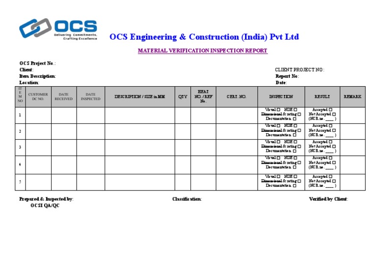 INWARD INSPECTION MVR Material Verification Reports PDF