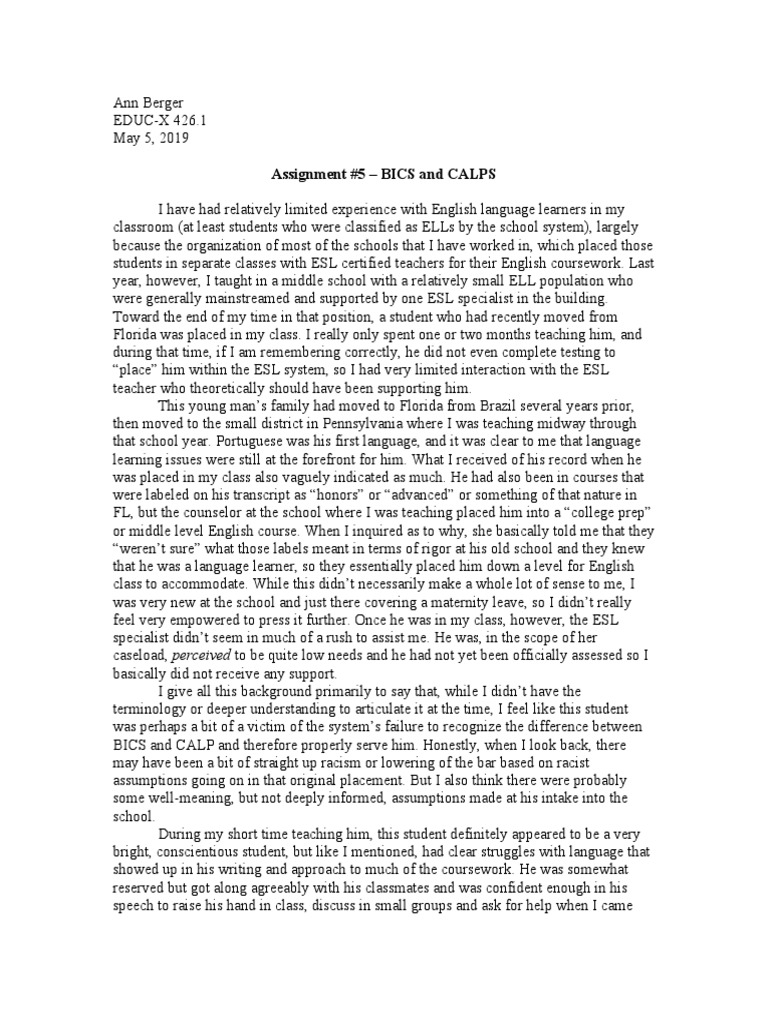 Understanding BICS and CALP in ELLs | PDF | English As A Second Or ...
