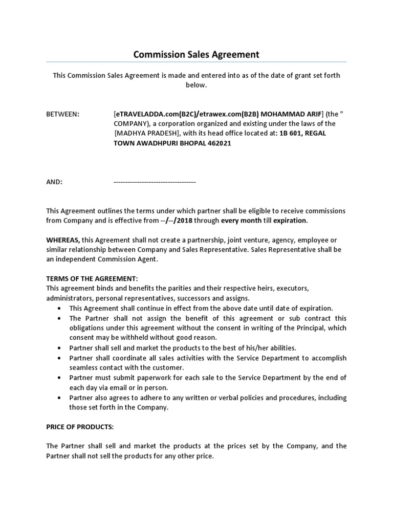 Commission Sales Agreement Template | PDF | Breach Of Contract | Sales