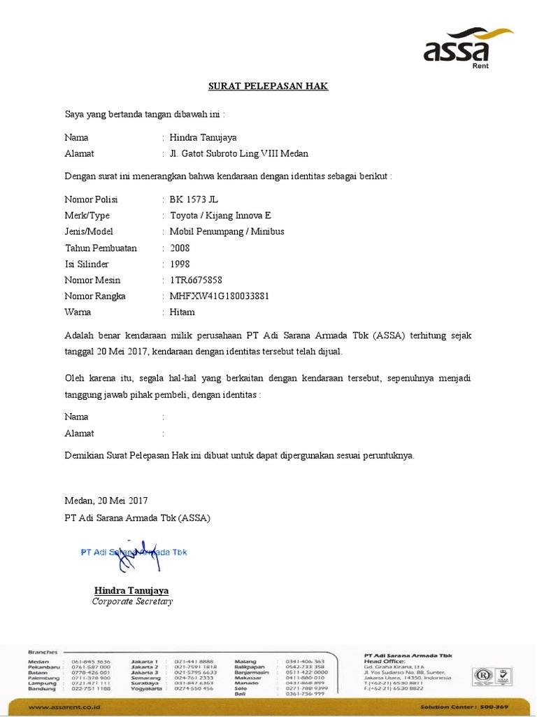 Surat Pelepasan Hak Contoh