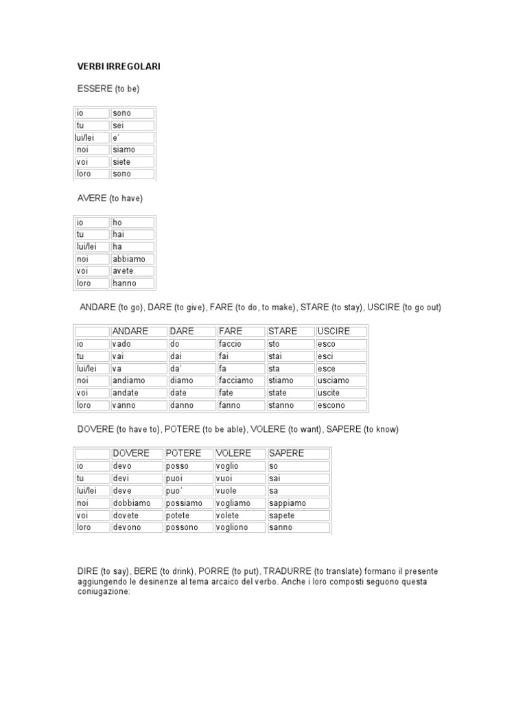 Lista Verbi Irregolari Presente