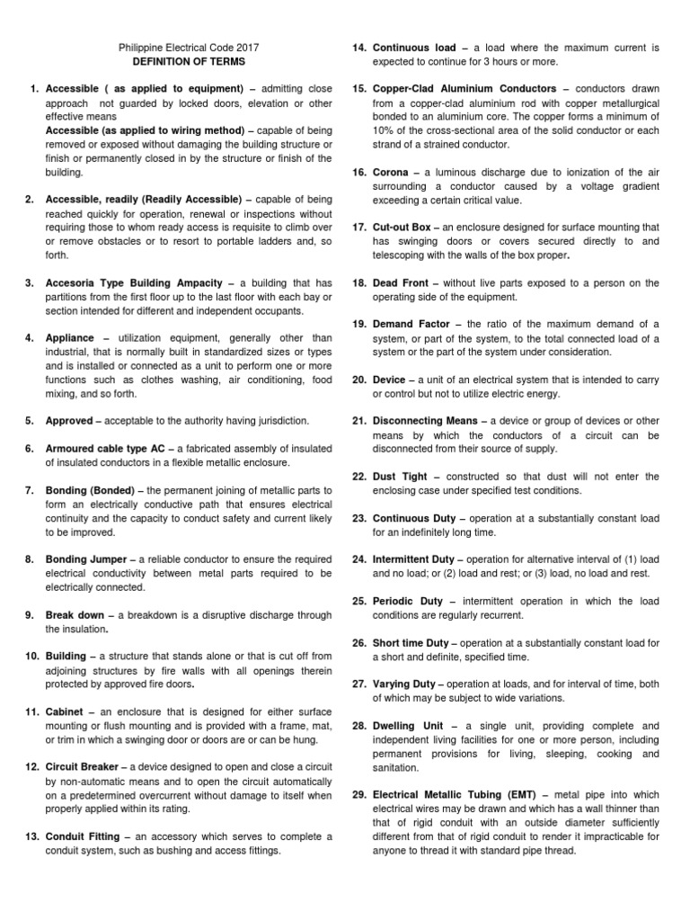 PEC Definition of Terms FOR ESD PDF Electrical Wiring Power Engineering